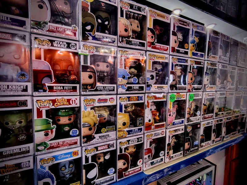 Shelves filled with boxed collectibles