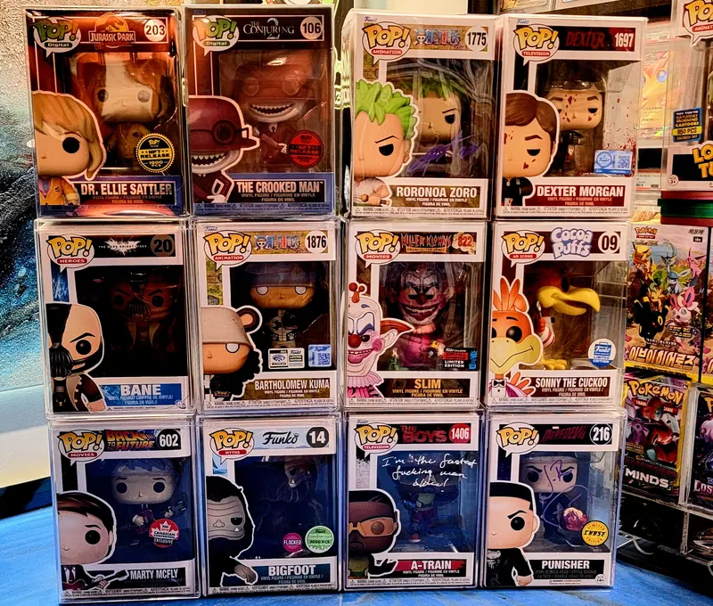 Boxed collectibles arranged on display shelves